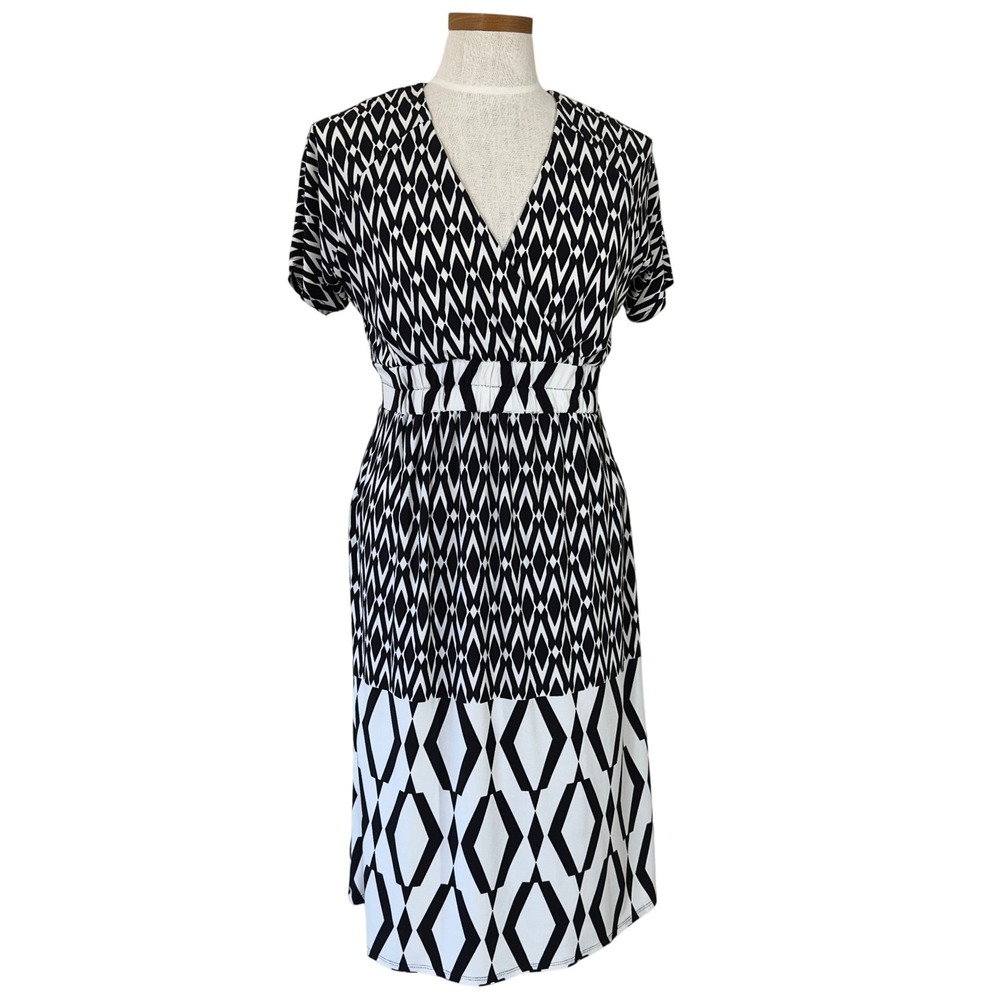 CATO Womens S Dress Short Sleeve‎ Geometric Knee Length Diamond V-Neck Midi